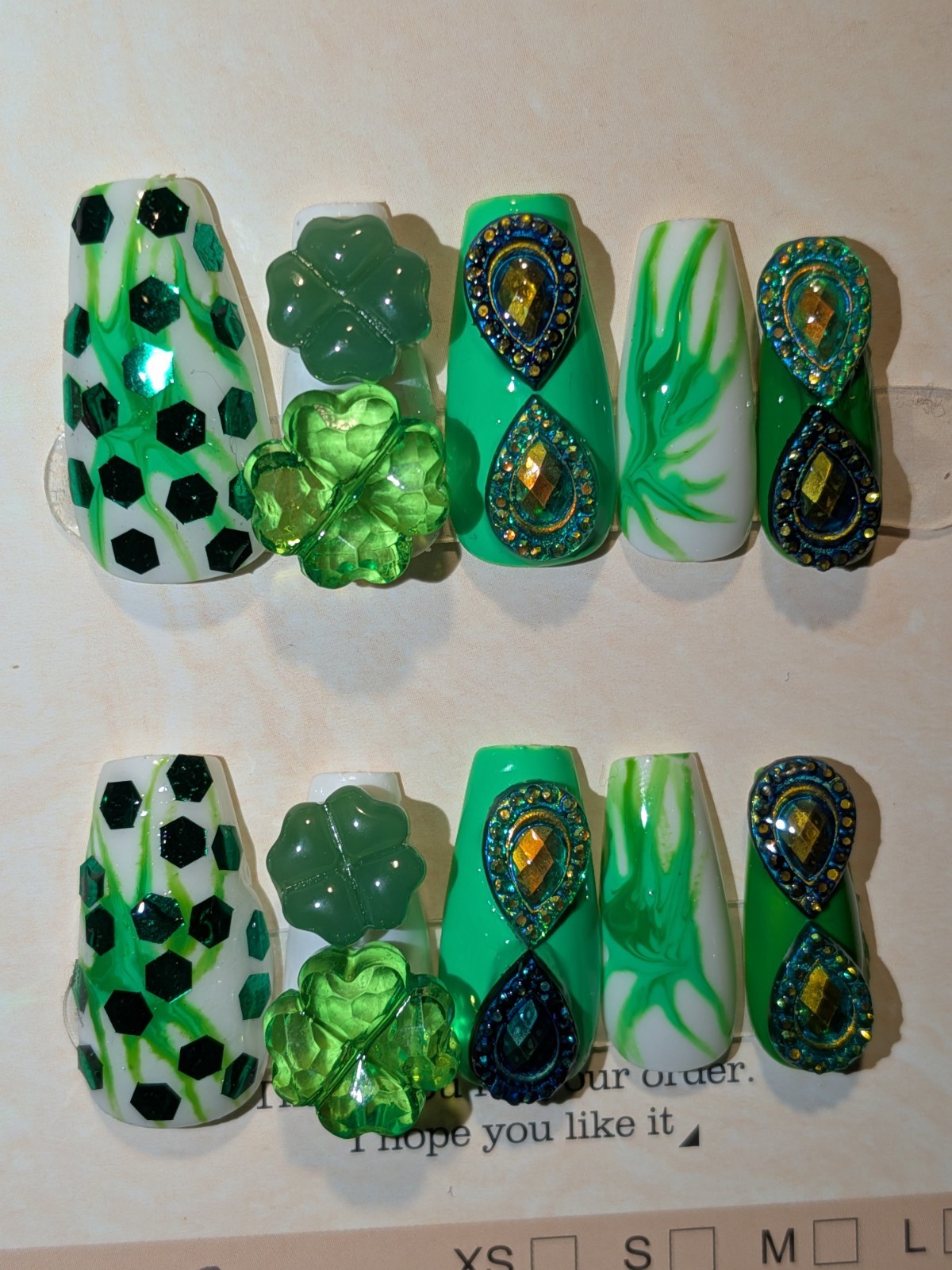 Hand Crafted St Patty Short Nail Set with Quality Glowing Gem Accents Sz LARGE
