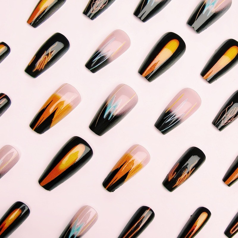 48pcs-Neon Flame Fake Nails, Glossy Black Stiletto with Orange Gradient Accents
