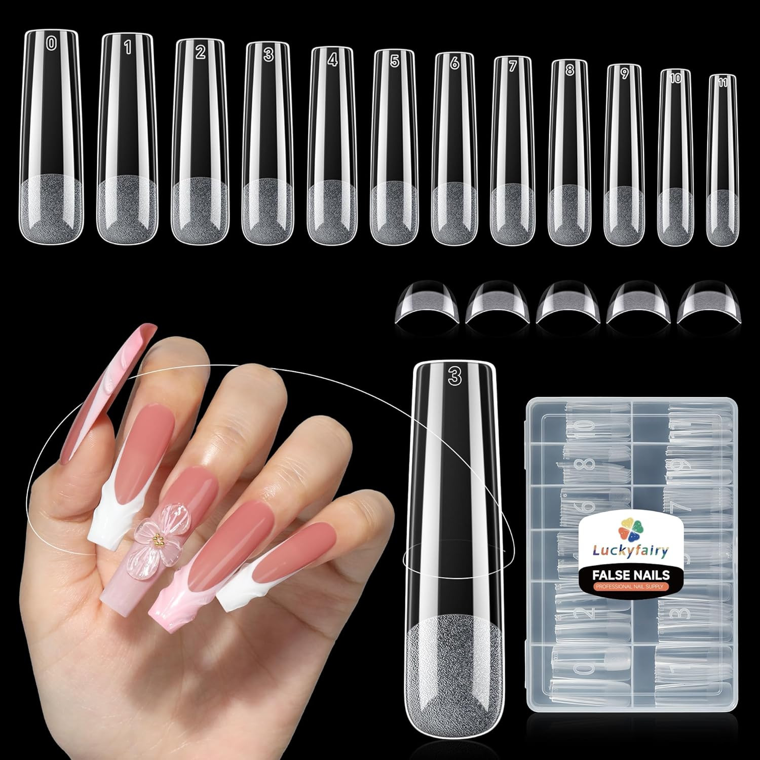 XXL Nail Tips Square 120 Pcs 12 Sizes – No C Curve Flat Square Pre-Buff 2XL Half