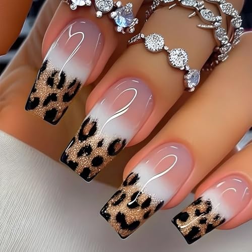 Leopard Press on Nails Gold Glitter Fake Nails Medium Square False Nails W2