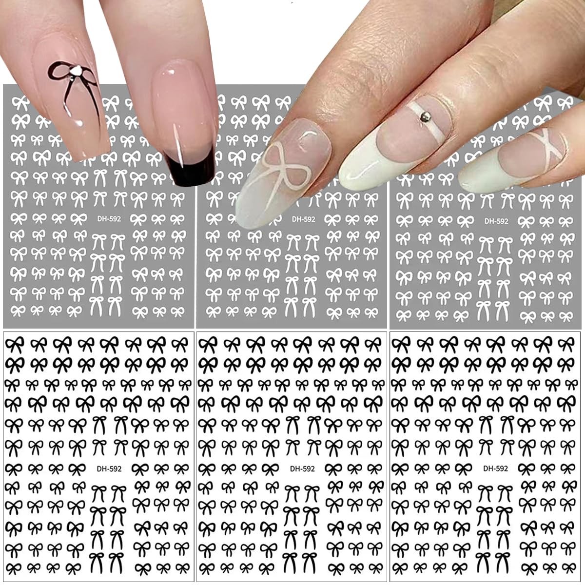 6 Sheets Designer Nail Art Stickers French Nail Decals Black White Bow Design…
