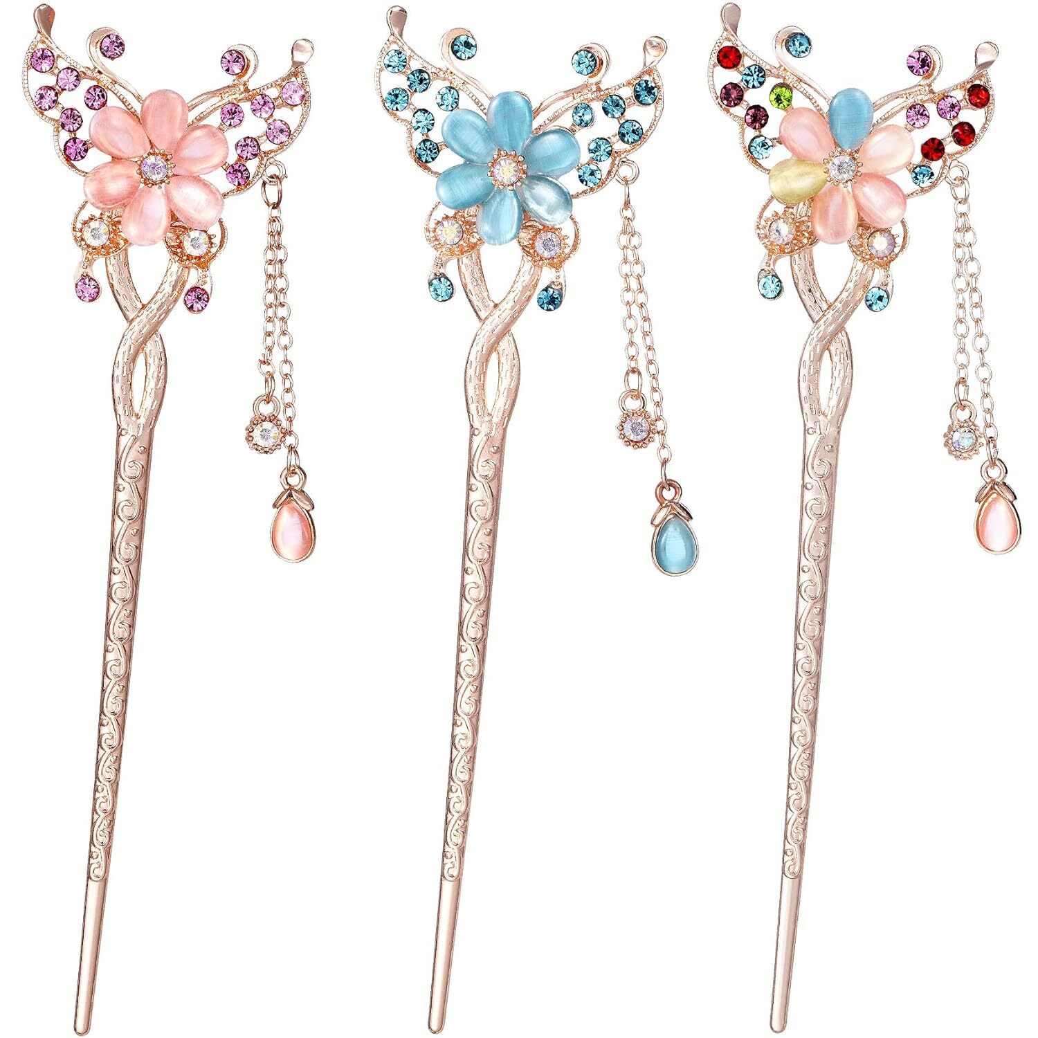OIIKI Butterfly Flowers Hair Sticks Pins for Buns pink, blue, colorful 3pcs