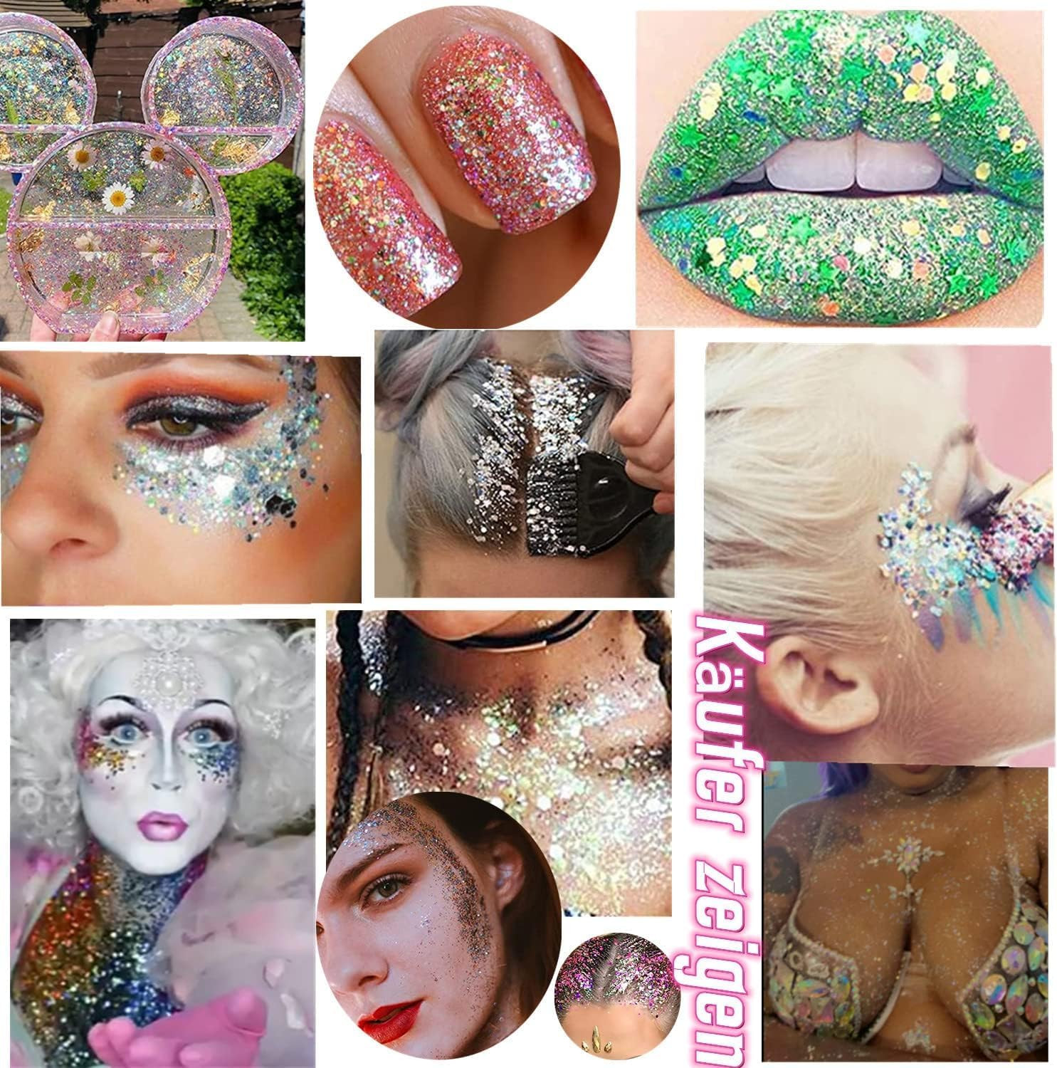 9 Pack Body Glitter Gel, Mermaid Sequin Chunky Glitter Face Hair Nail Lip Glitte