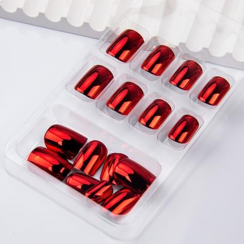 Red Press on Nails Short Square Fake Nails Wine Red Metal Chrome False Style 18