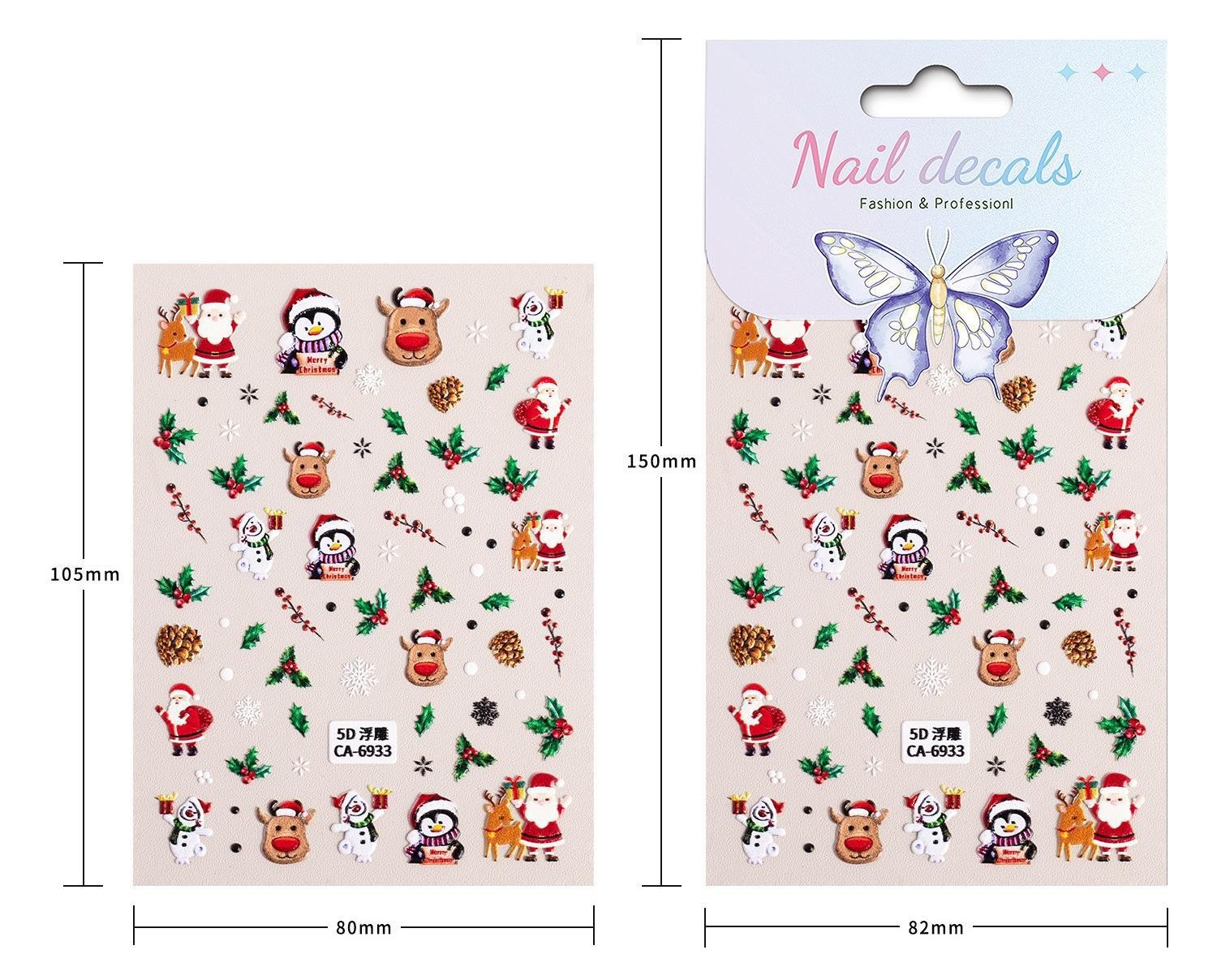 10Set Christmas Nail Stickers 5D Art DIY Manicure Decal Santa Snowman Xmas Decor
