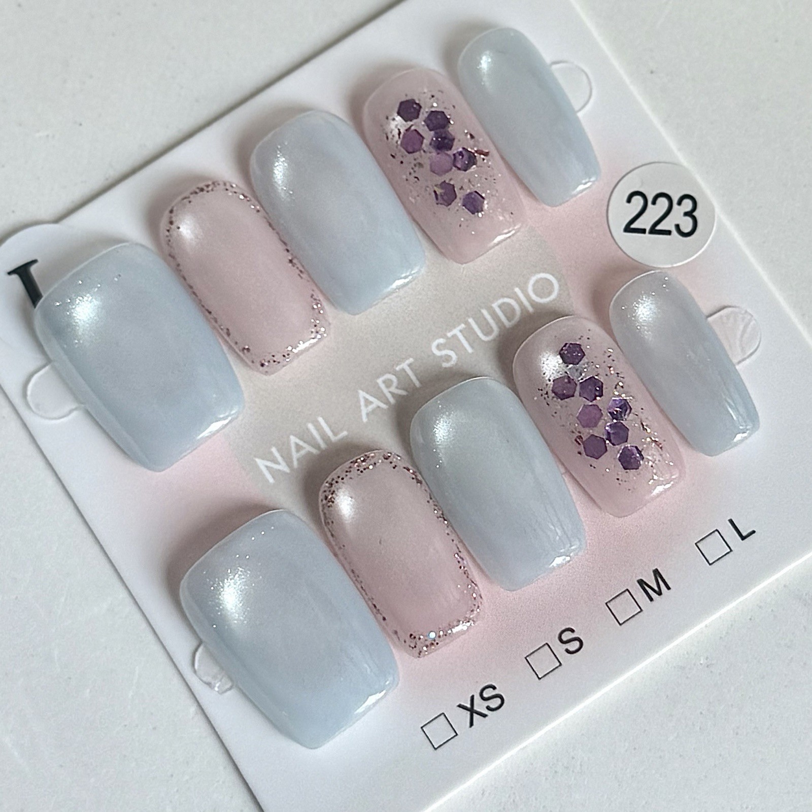 Handmade Glitter Cat Eye Press-On Nails Medium Square Size L Reusable Fake Nail