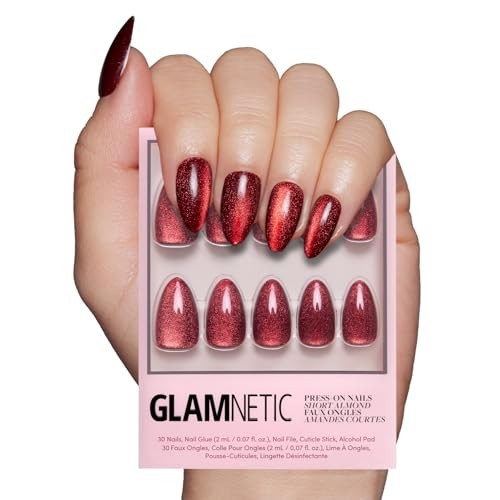 Press On Nails – | Deep Red Sparkly Short Almond Fake Nails with Ruby Slipper