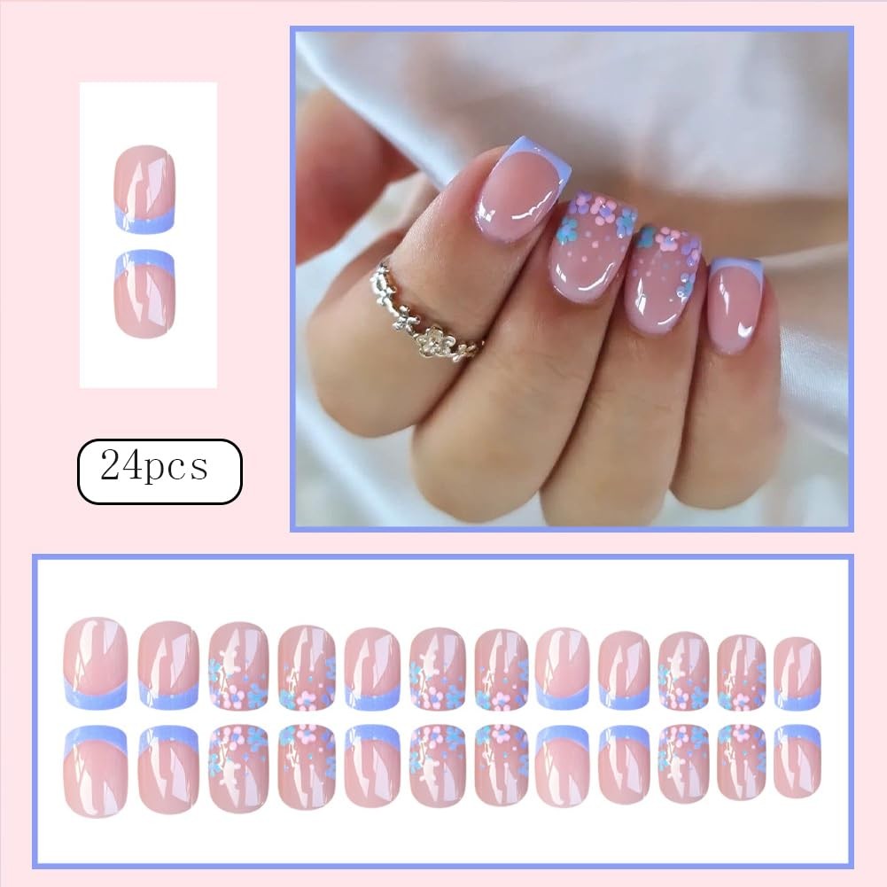24Pcs Short Square Press On Nails – Floral Colorful Artificial Fake Nails, Re…