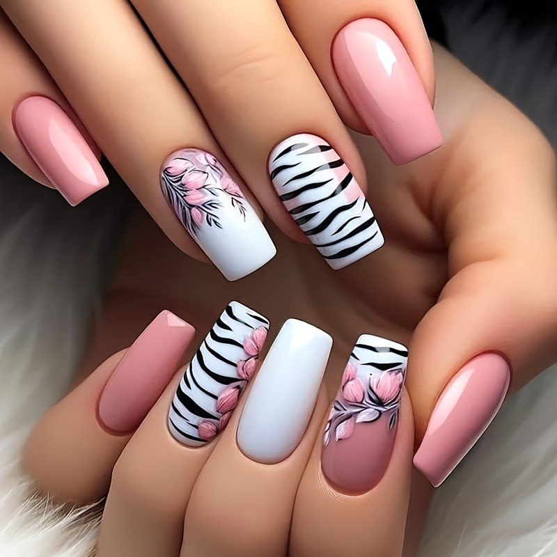 48 Short Square Fake Nails with Pink and Black and White Zebra Stripes Nail Art
