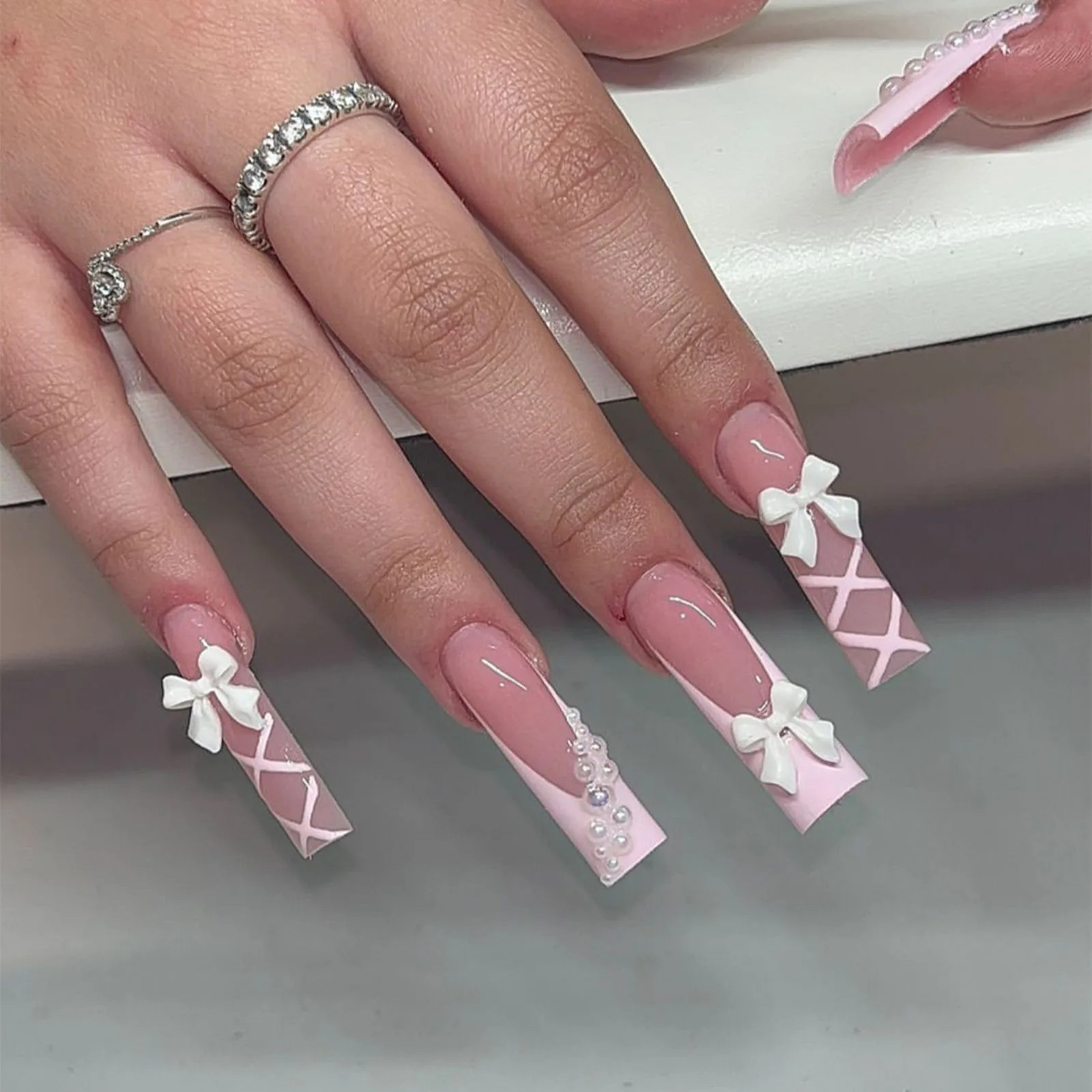 24Pcs French Bow 3D Flower Coffin Ballet Bride Press On Nails