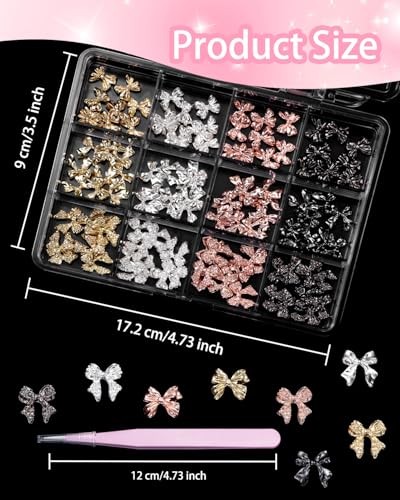 120 Pcs Alloy Bow Nail Charms and Gems, Silver Gold Black Bowknot Metal Nail