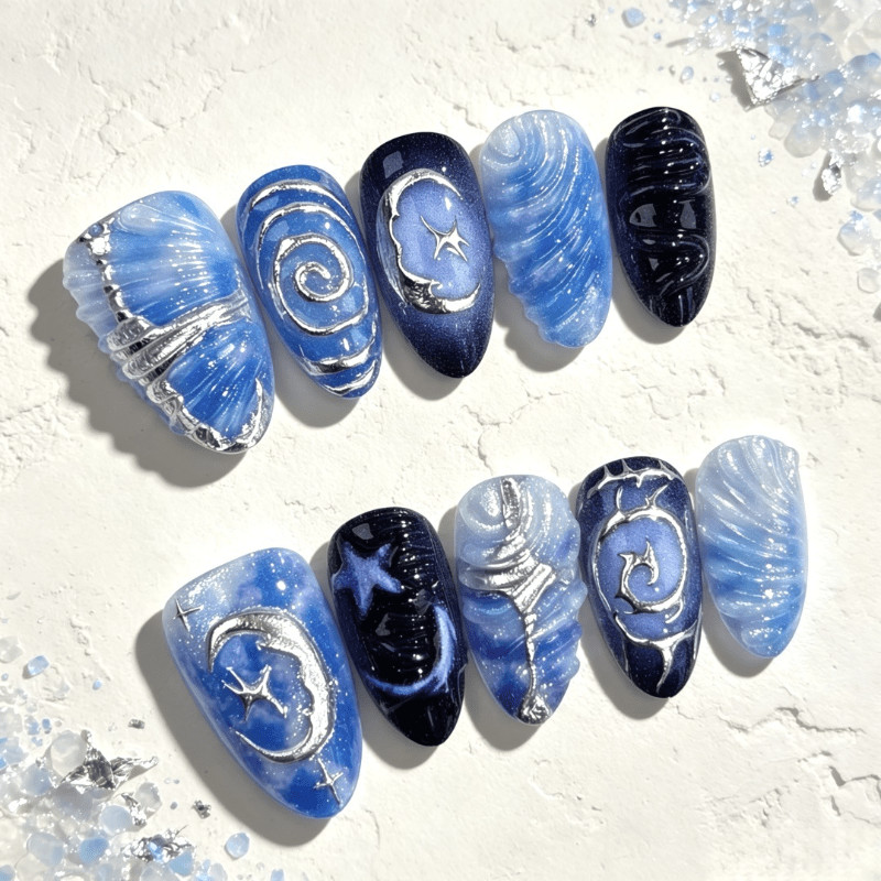 60 Pcs Blue Moon Metallic Oval Press On Nails, Y2K Cool Glossy Fake Nails