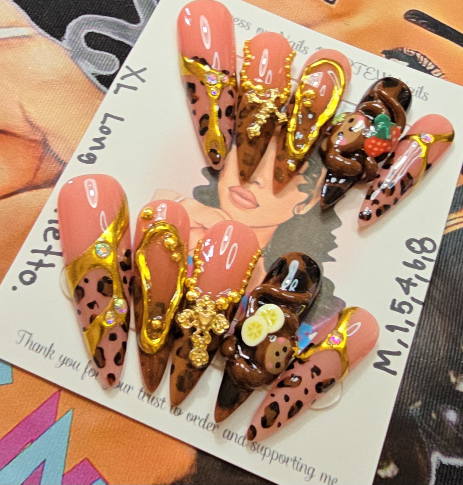 Handmade Gel Press On Nails,Naughty Monkey, Medium Size 1,5,4,6,8 XL Long Stilet
