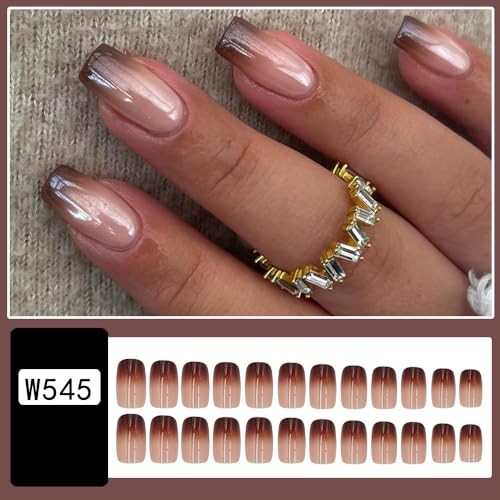 24pcs Medium Square Fake Nails, Brown Gradient Press on Nails with Style 6
