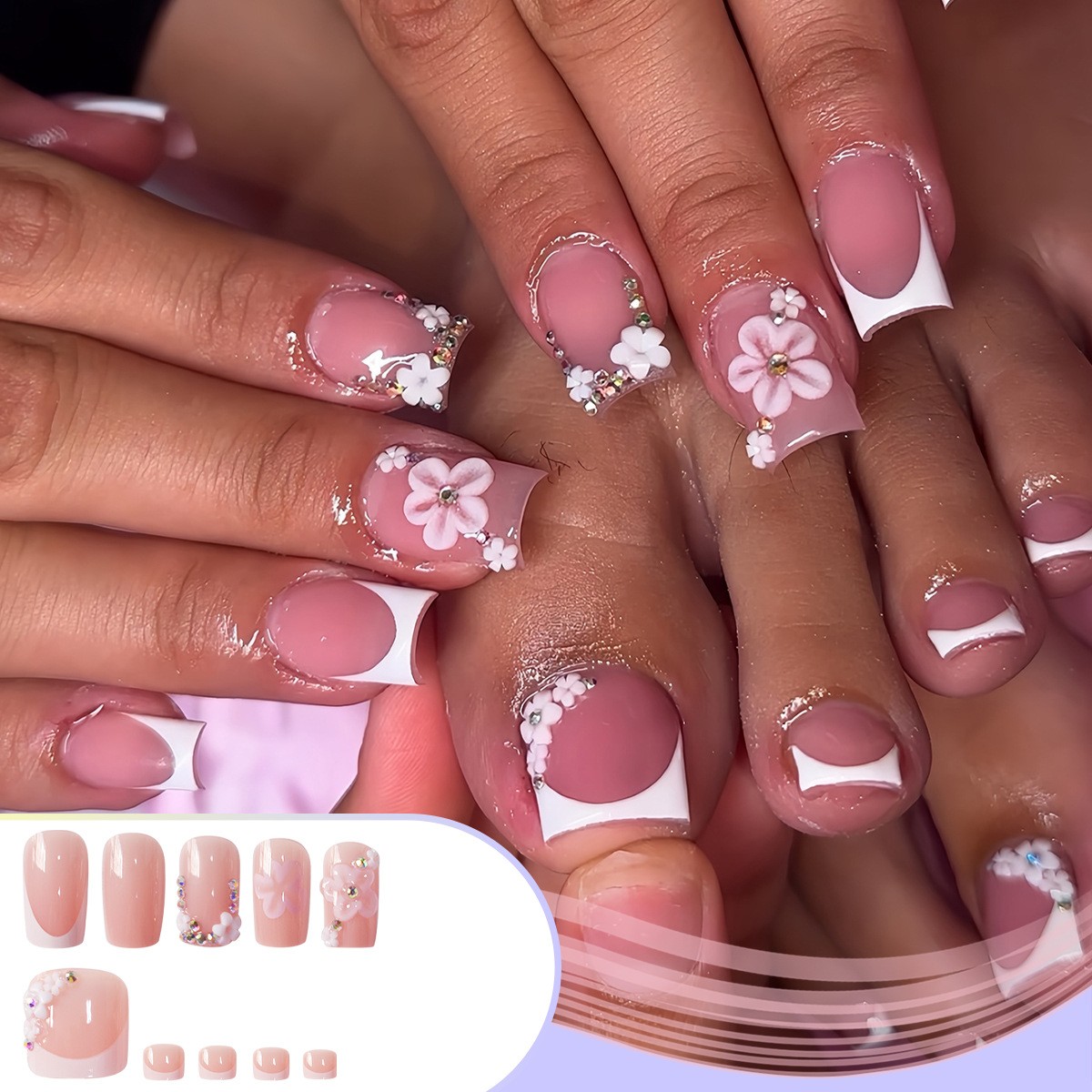 French White Tip Nude Base Floral Press On Nails Set Wholesale