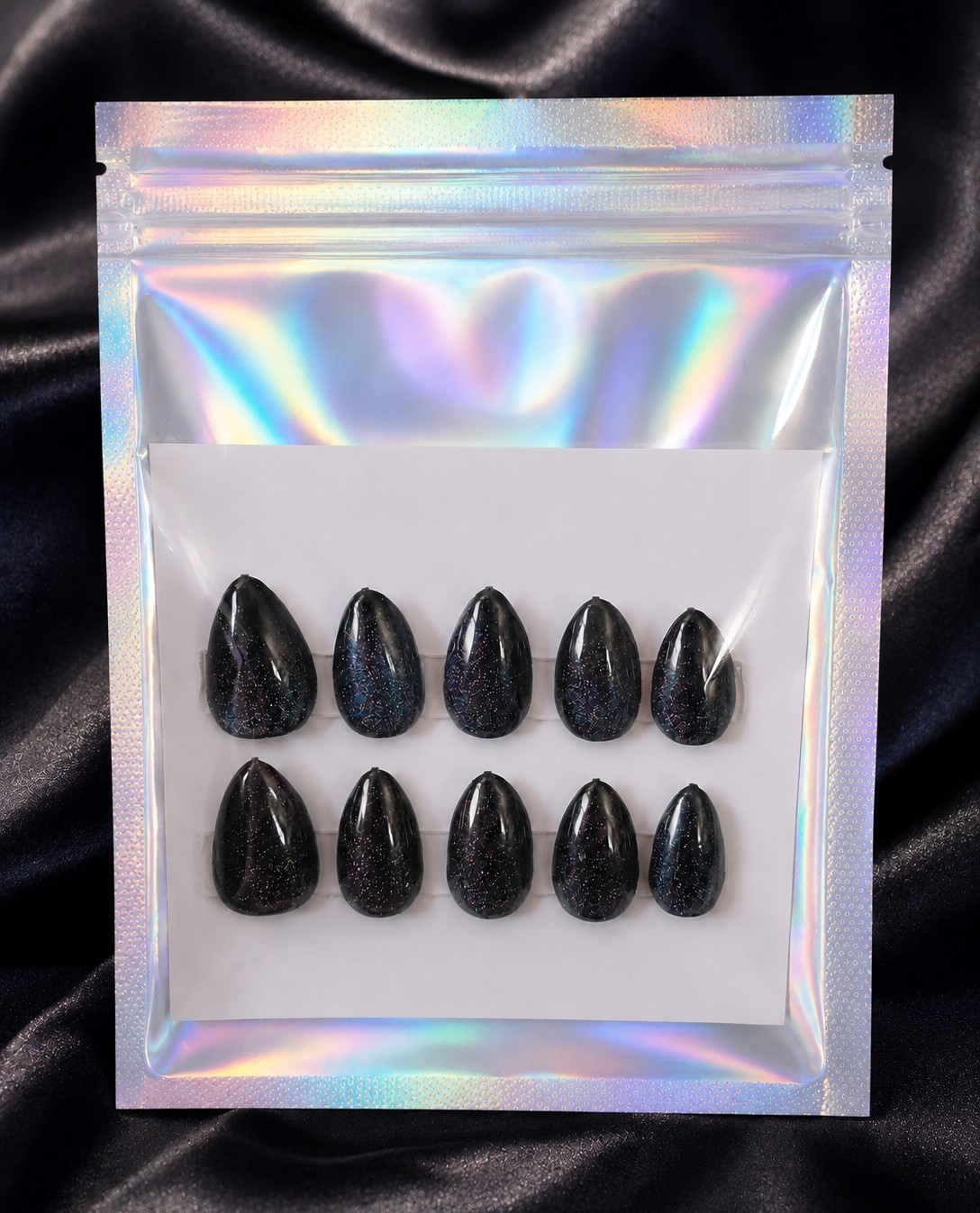 Hand-Painted Cat Eye Shimmer Press-On Nails, Medium Almond, Black Purple