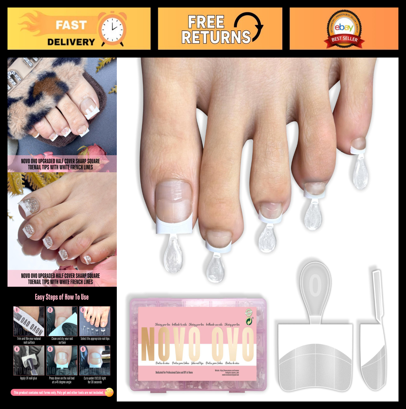 White French Tip Half Cover Toe Nail Tips – Clear Soft Gel, Sharp Square, 240 Pc