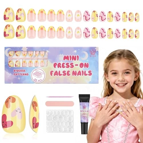 16 Sizes Press on Nails Kit for Kids – 32 Pieces French Almond B-Happy Smile