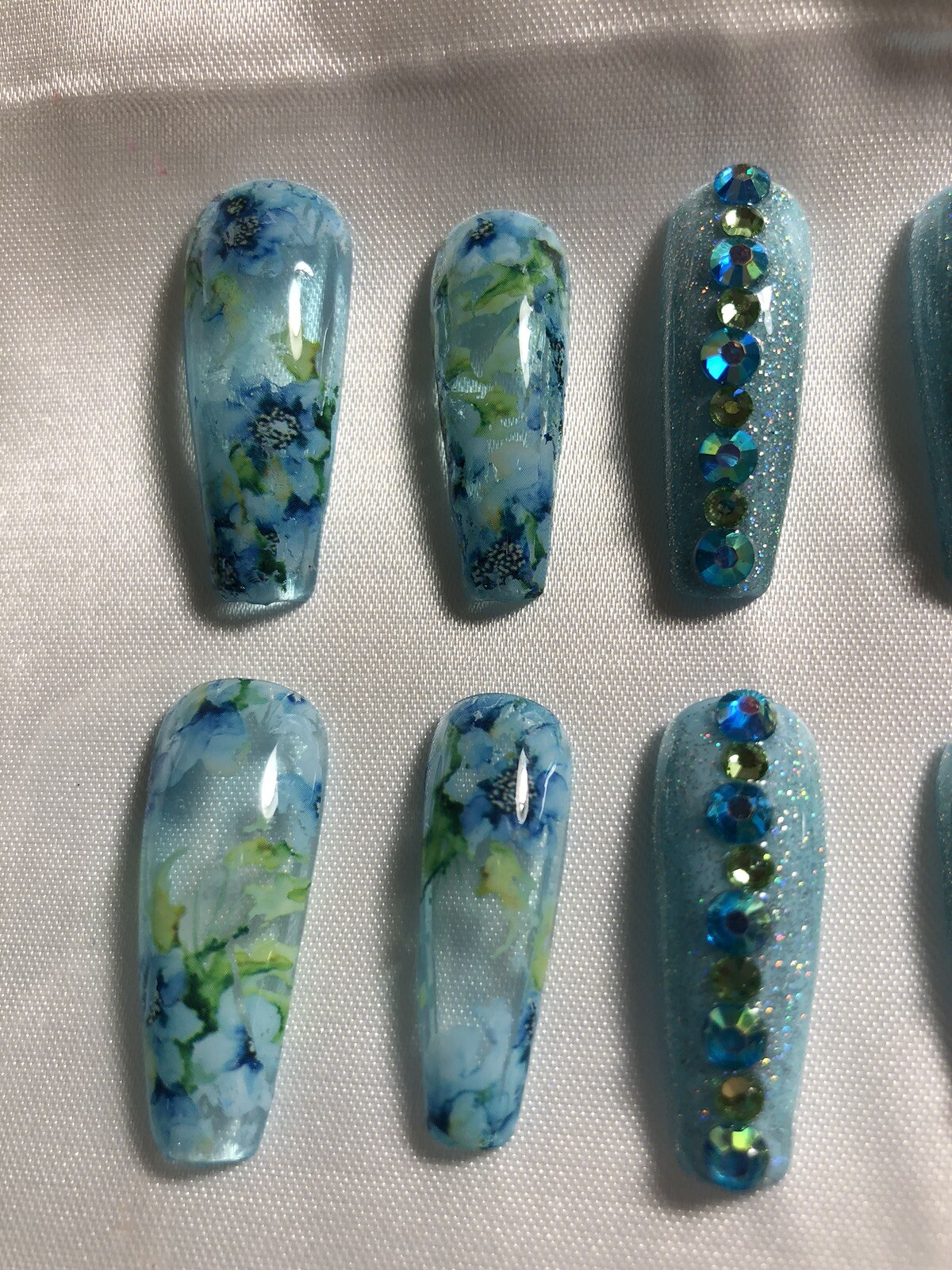 Z NAILZ! Gorgeous Set Of Handmade Custom Floral Blue Coffin Press On Nails