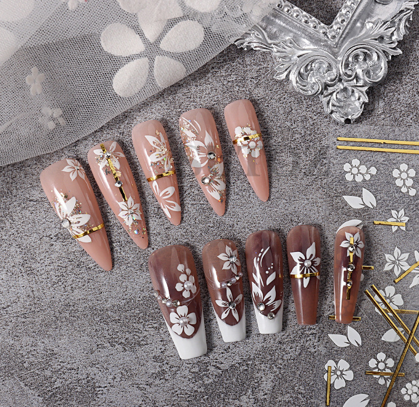 3PCS White Gold Cherry Flower French Tips Nail Stickers Decoration Manicure NH17