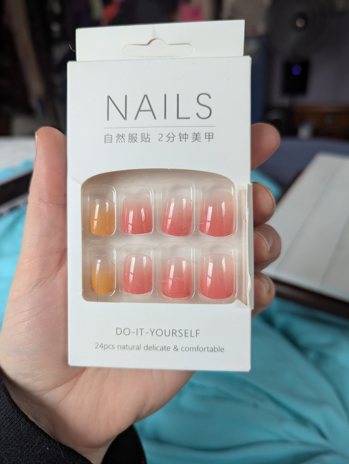 Nails Glue On Acrylic Short Square Nails Pink and Peach Colored