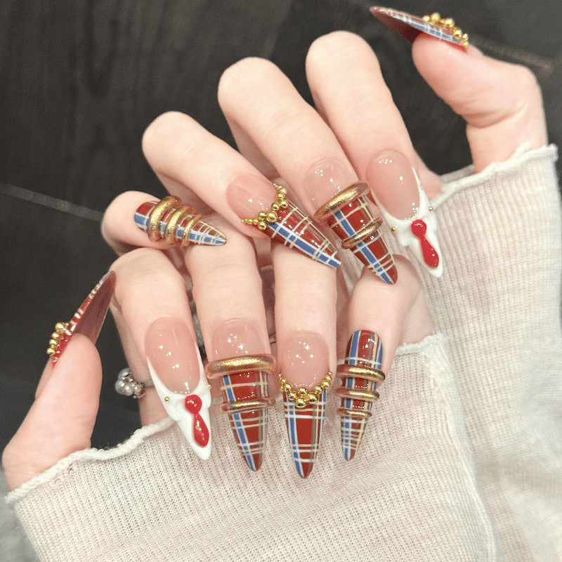 100% Handmade Press on Nails Red Plaid Tie Gold Bead Metal Ring Nail Art Nails