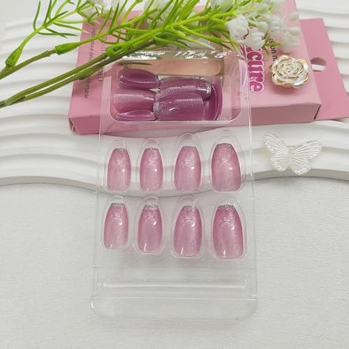 Cat Eye Press on Nails Short Coffin Fake Nails with Pink Glitter French Designs