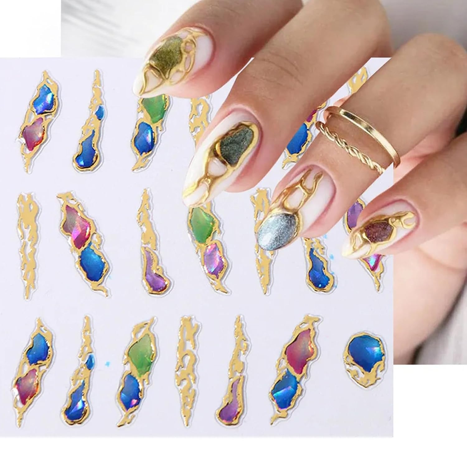 6 Sheets 5D Gold Embossed Nail Art Stickers Gem Crystal Irregular Geometric Fram