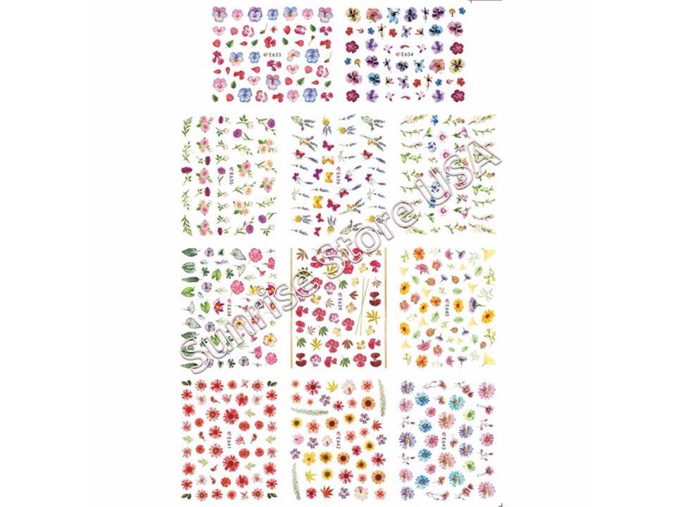3D Nail Art Sticker Flower Leaves Rose Lavender Butterfly Floral Decals Manicure