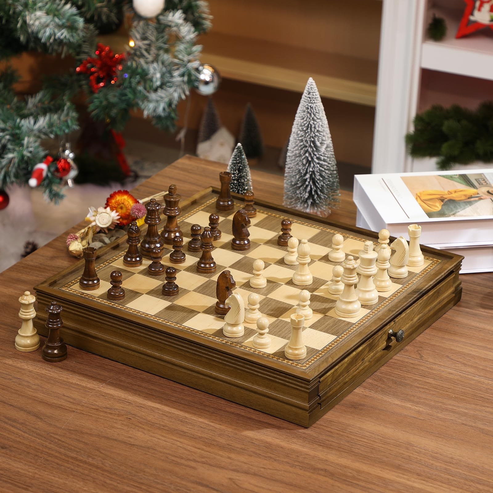 Peradix Magnetic Chess Checkers 32 cm x 32 x 5.2 cm, Walnut Color 12.8″