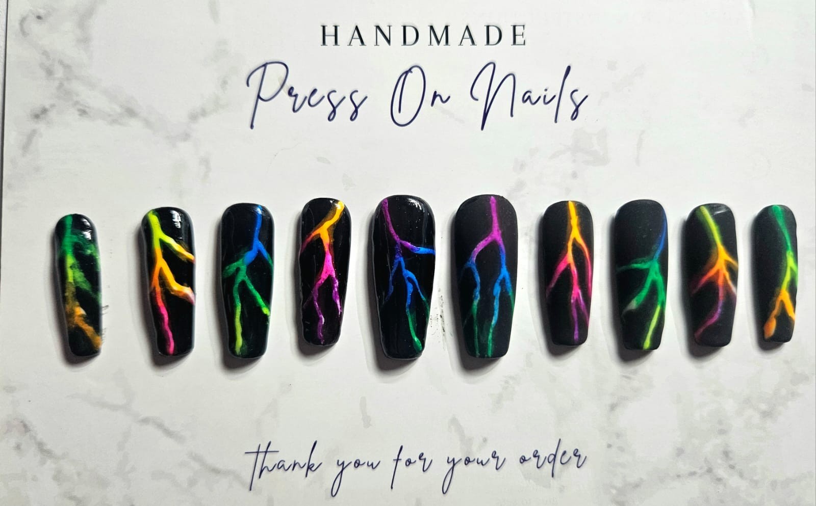 Handmade Gel Press On Nails Long Coffin Black Neon Lightning + Semi Solid Glue