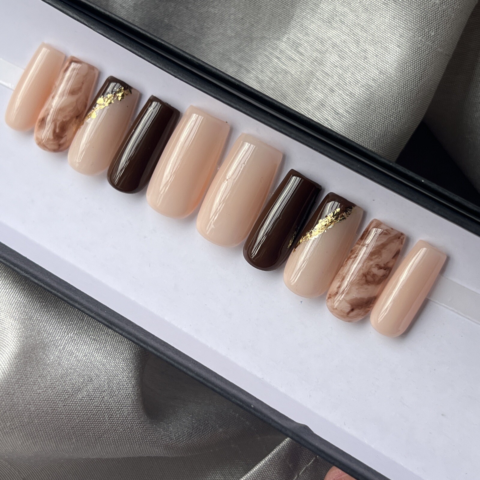 🔥CUSTOM Gel Press On False Nails, NUDE BROWN GOLD, Med square , 10p w/ FULL KIT