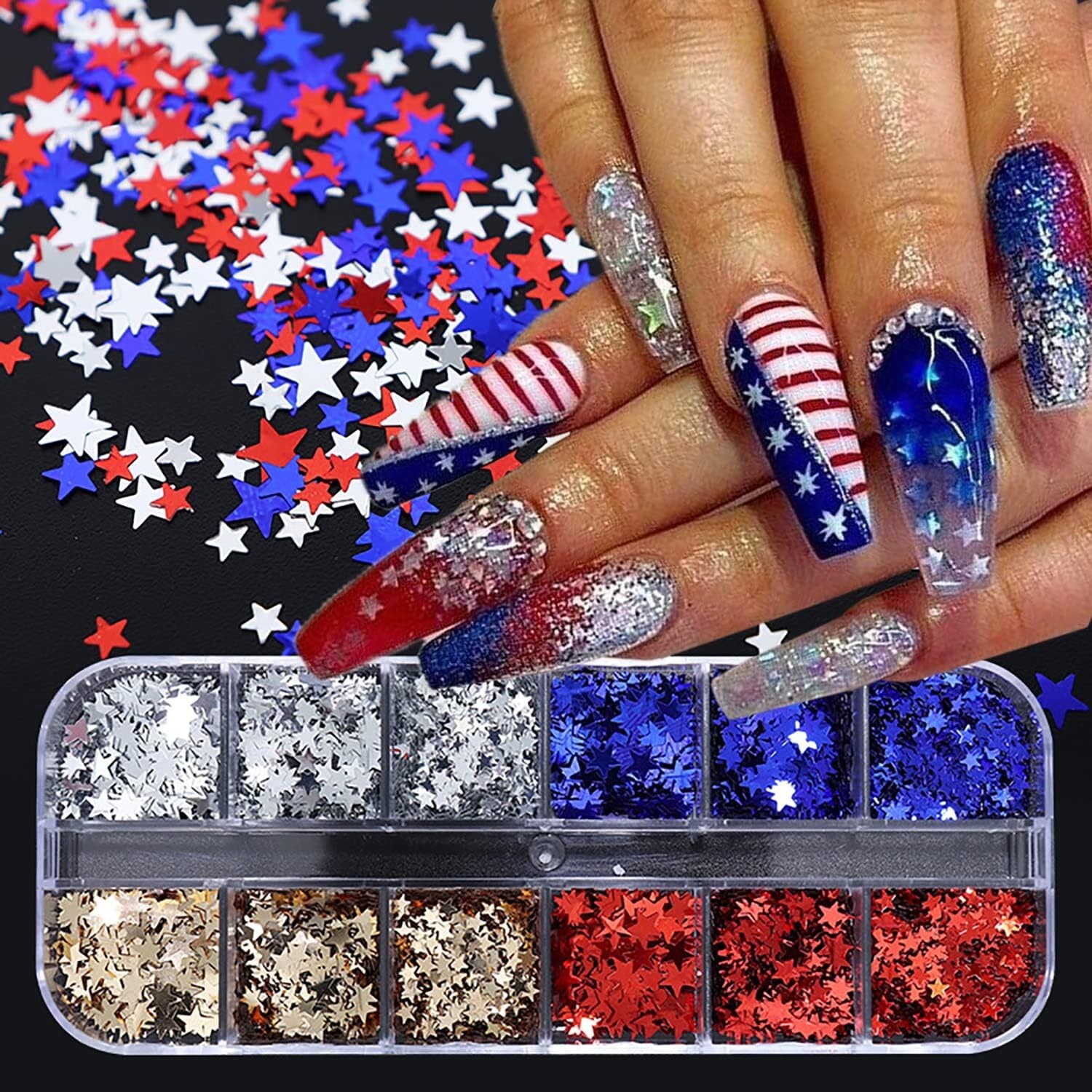 12 Grids Stars Nail Art Glitter Sequins 3D Holographic Nail Glitter Flakes Desig