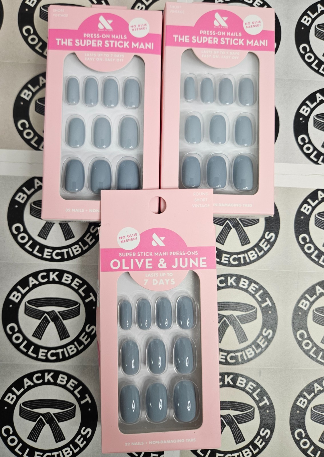 3 x Olive & June Super Stick Mani Press On Nails, Vintage Color, Short, Round