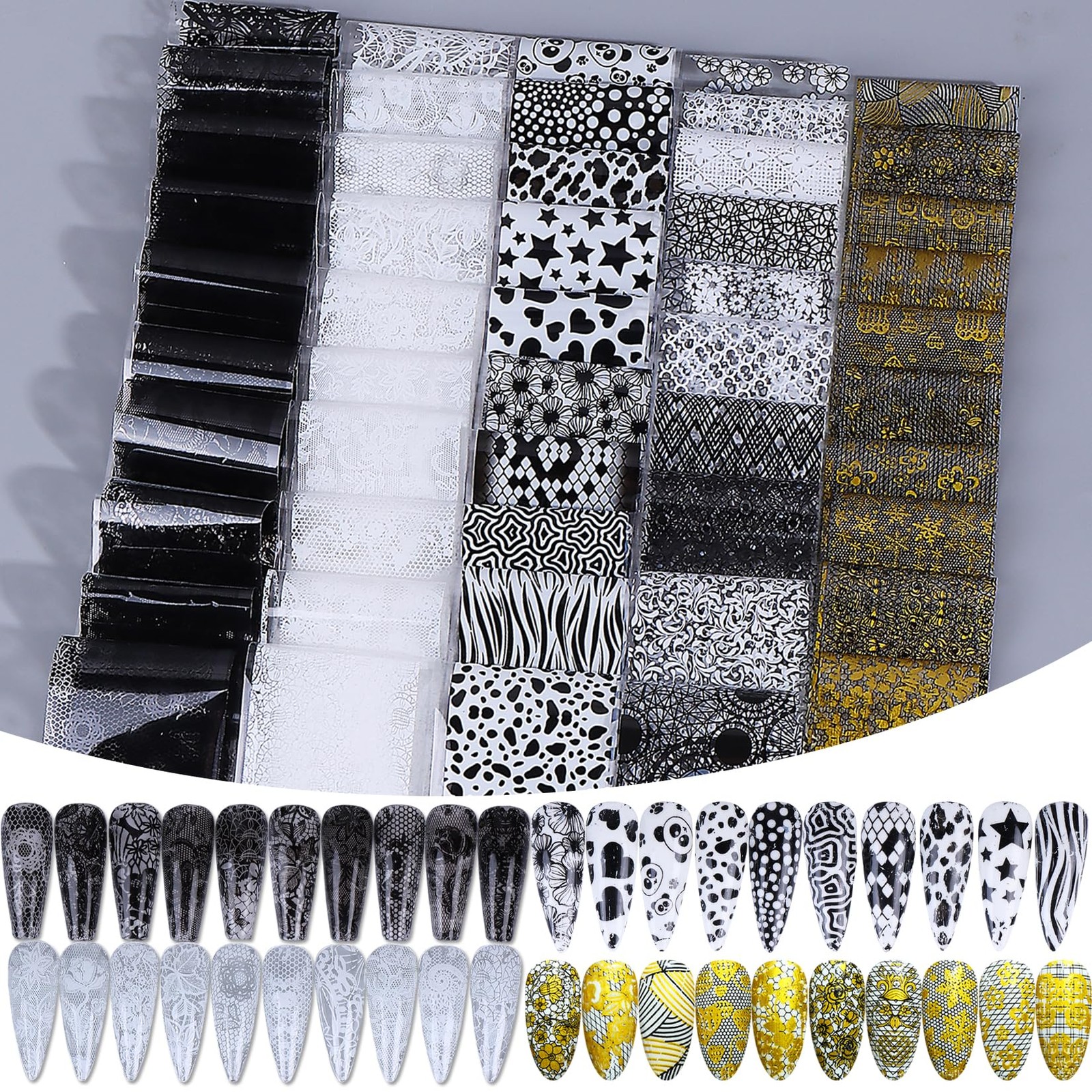 Lace Nail Transfer Foil Stickers 50PCS Black White Flower Lace Nail Foils Line