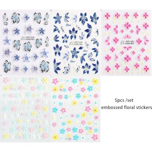 5D Flowers Nail Art Stickers, 5PCS Embossed Pink Blue Flowers Colorful-01