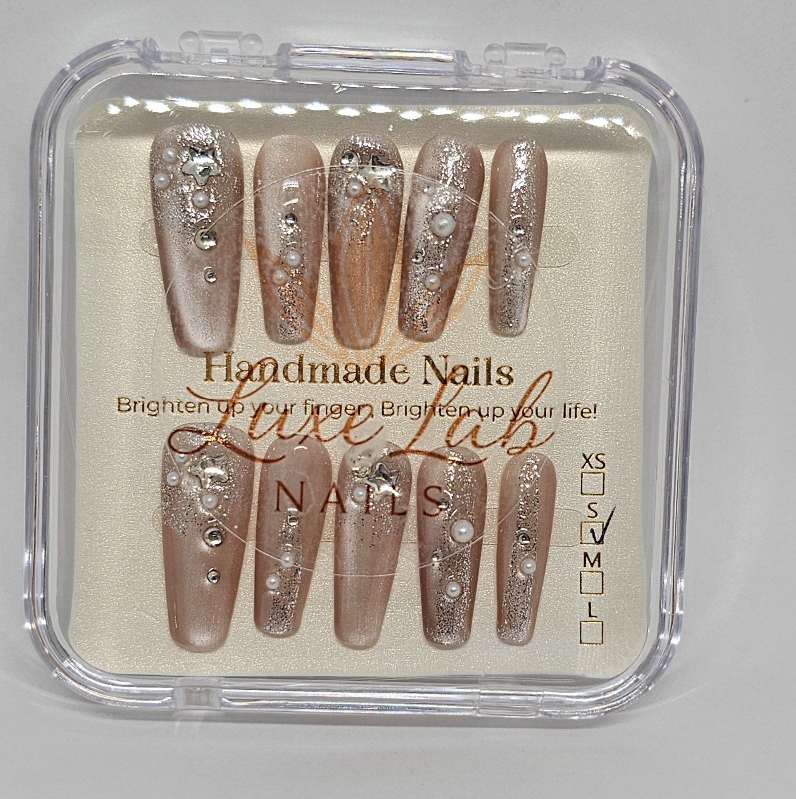 Handmade Press-On Nails – Champagne Pearl Sparkle | LLN-C002