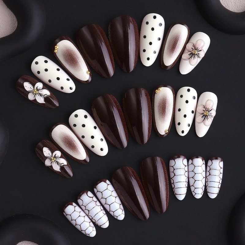 48 Pcs of Gray and White Mixed Element Fake Nails – Removable Nails, Daily Nail
