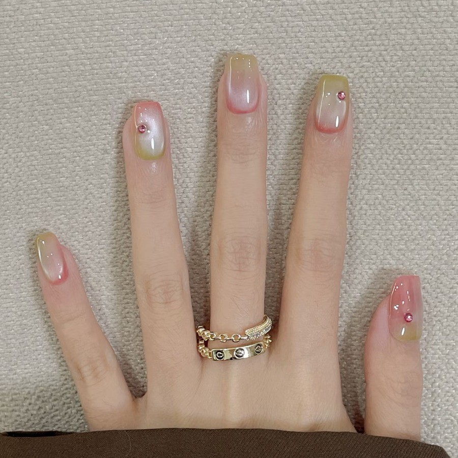 60Pcs Green Pink Rhinestone Gradient Press on Nails, Short Square Fake Nails