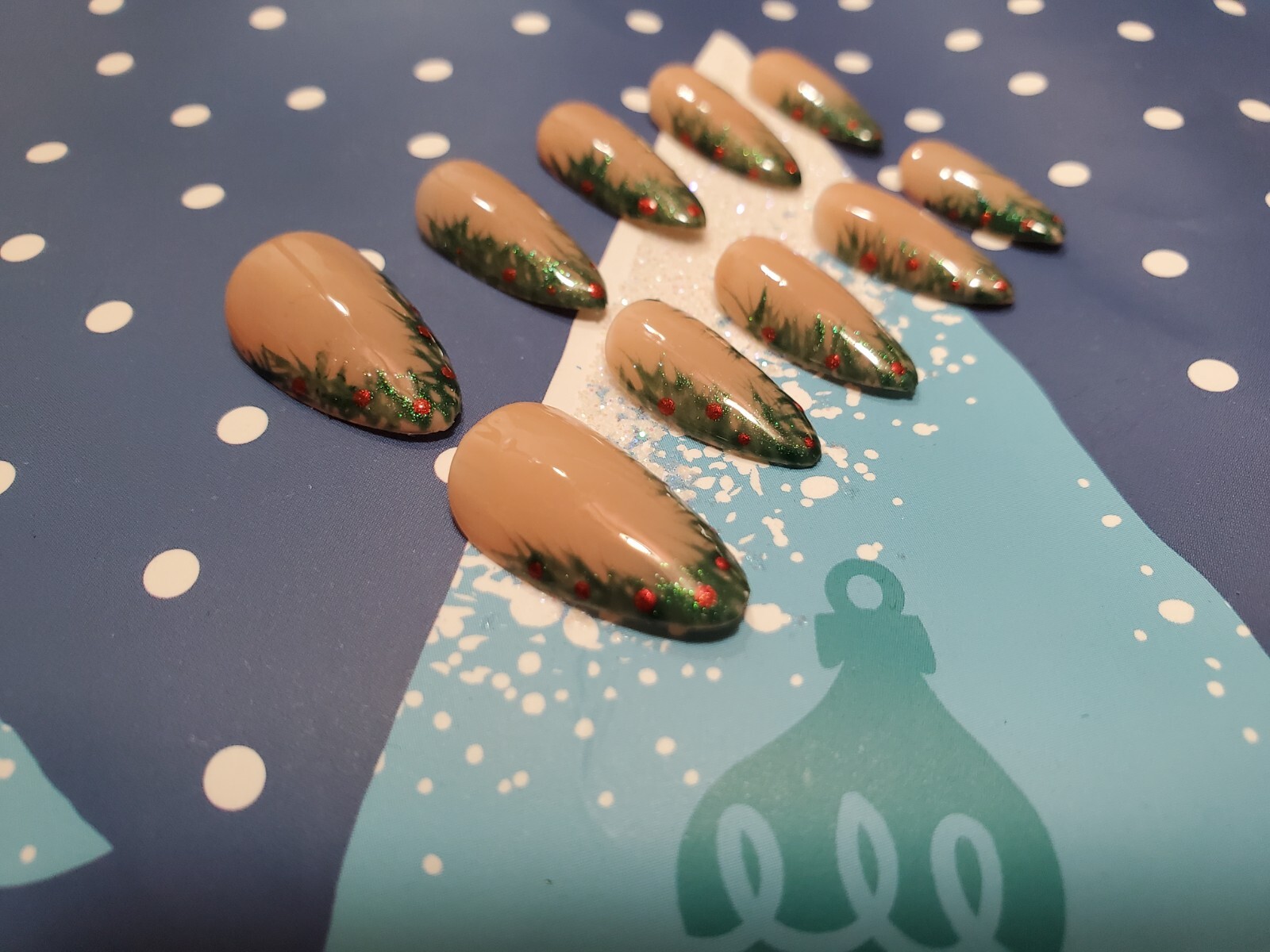 Press on nail set 10 Pcs Small Almond Handpainted Holiday Party Nail Set!