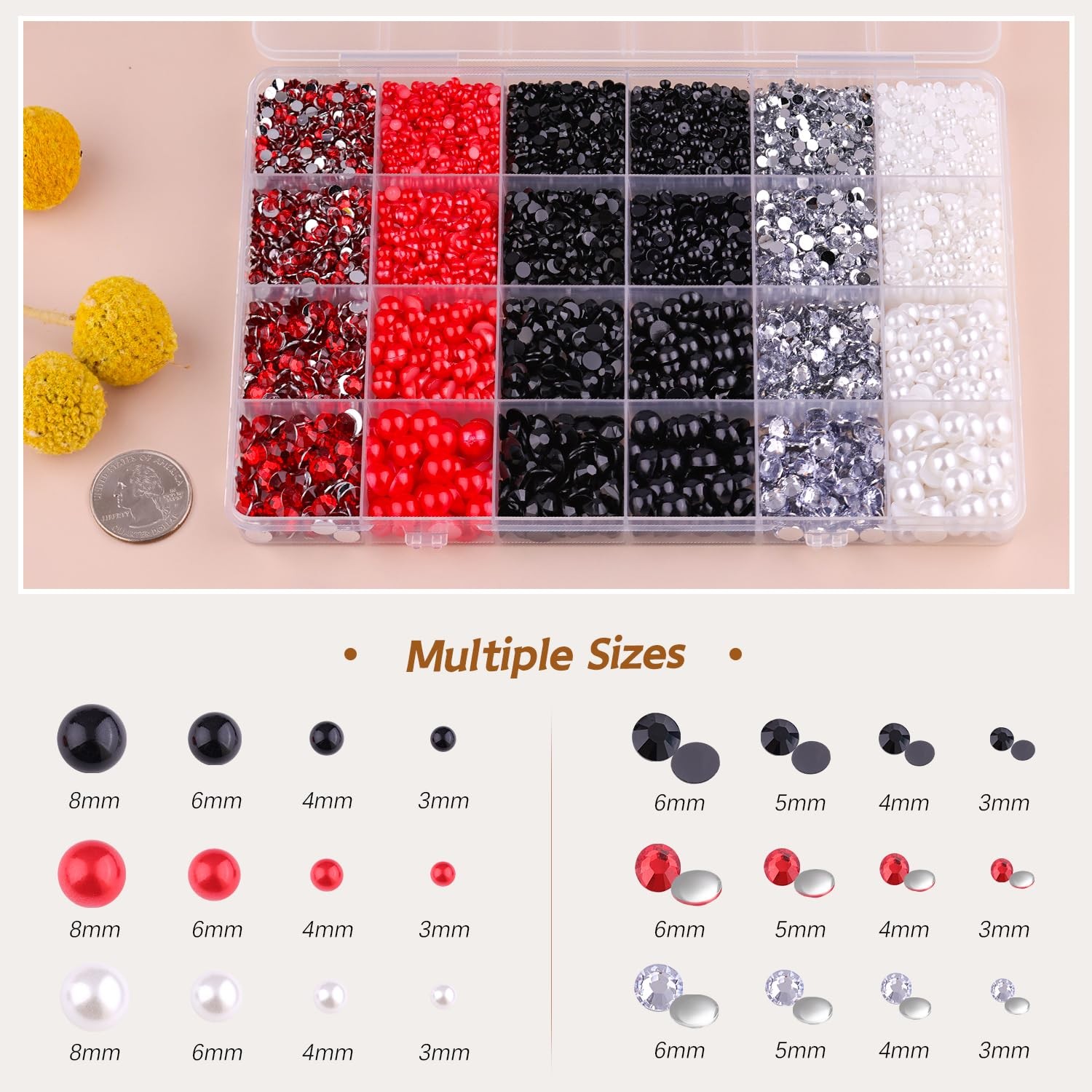 14000PCS Flatback Pearls and Rhinestones for Bedazzling Kit, Red White Black …