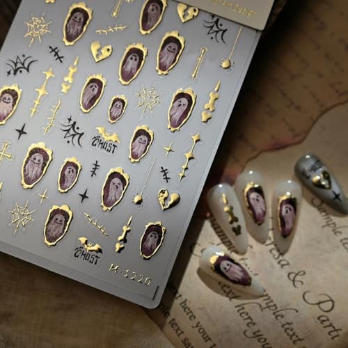 5D Embossed Ghost Nail Art Stickers Gold Frame Nail Stickers Halloween Style-4