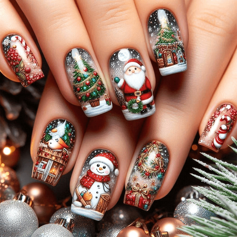48pcs Christmas Press On Nail Santa Festive Holiday Reusable False Nail 5 Style