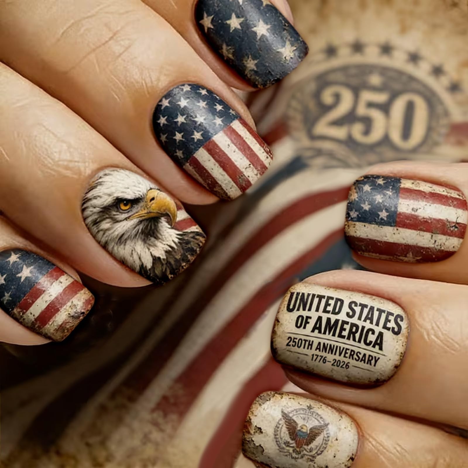 24Pcs 250th Anniversary Press Nails Short Square 4th July American Flag