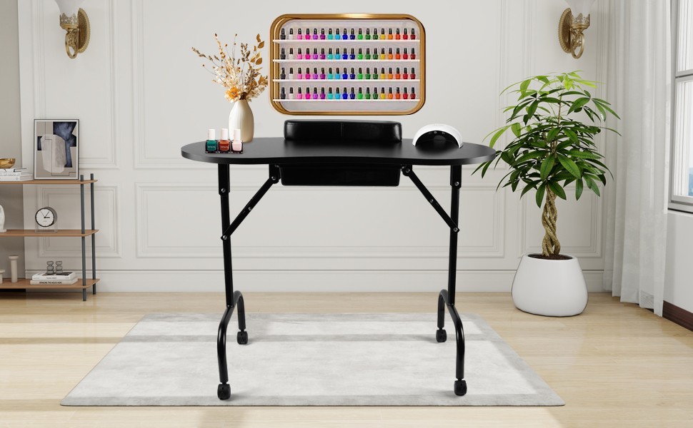 Black Portable Manicure Table Folding Nail Desk Beauty Salon Spa w/Wheels & Bag