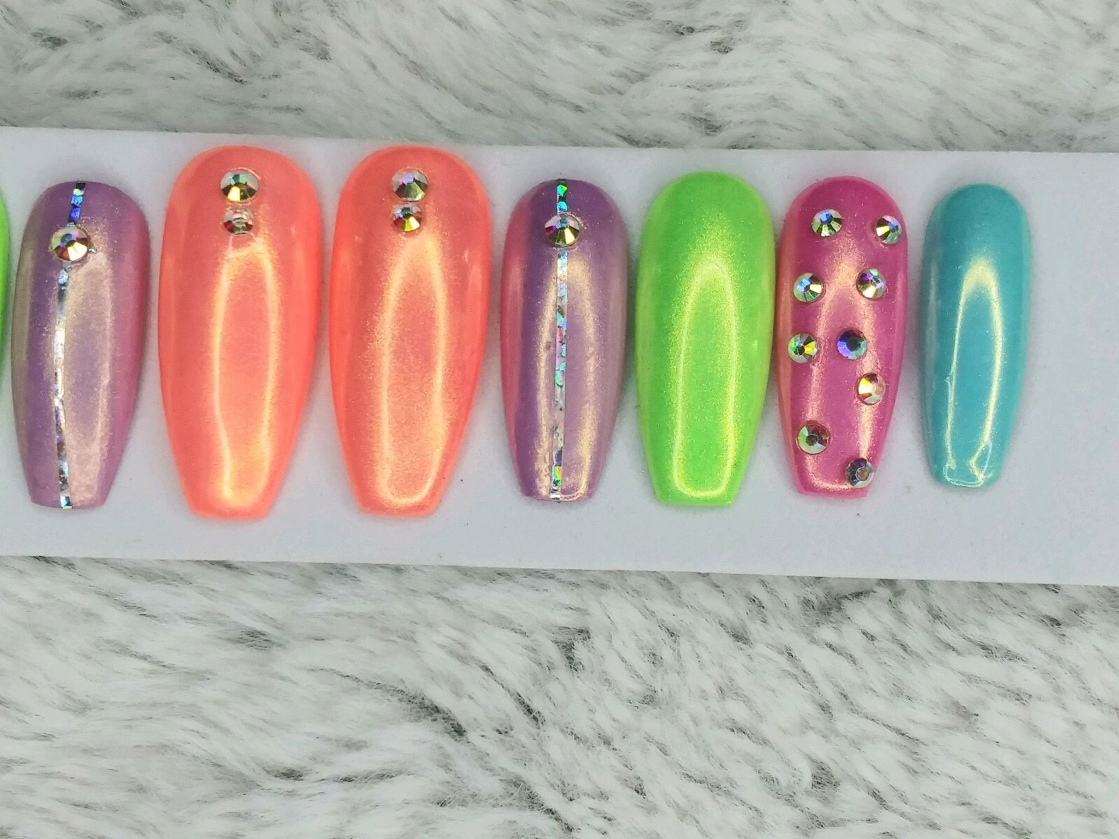 Colorful Rainbow bling gel press on nails crystal set w/ unicorn powder neon