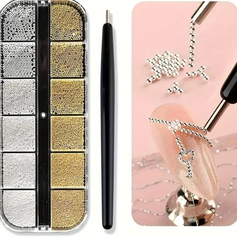 12Grids Mini Caviar Beads Nail Art Decorations Metal Gold/Silver Micro Ball Nail