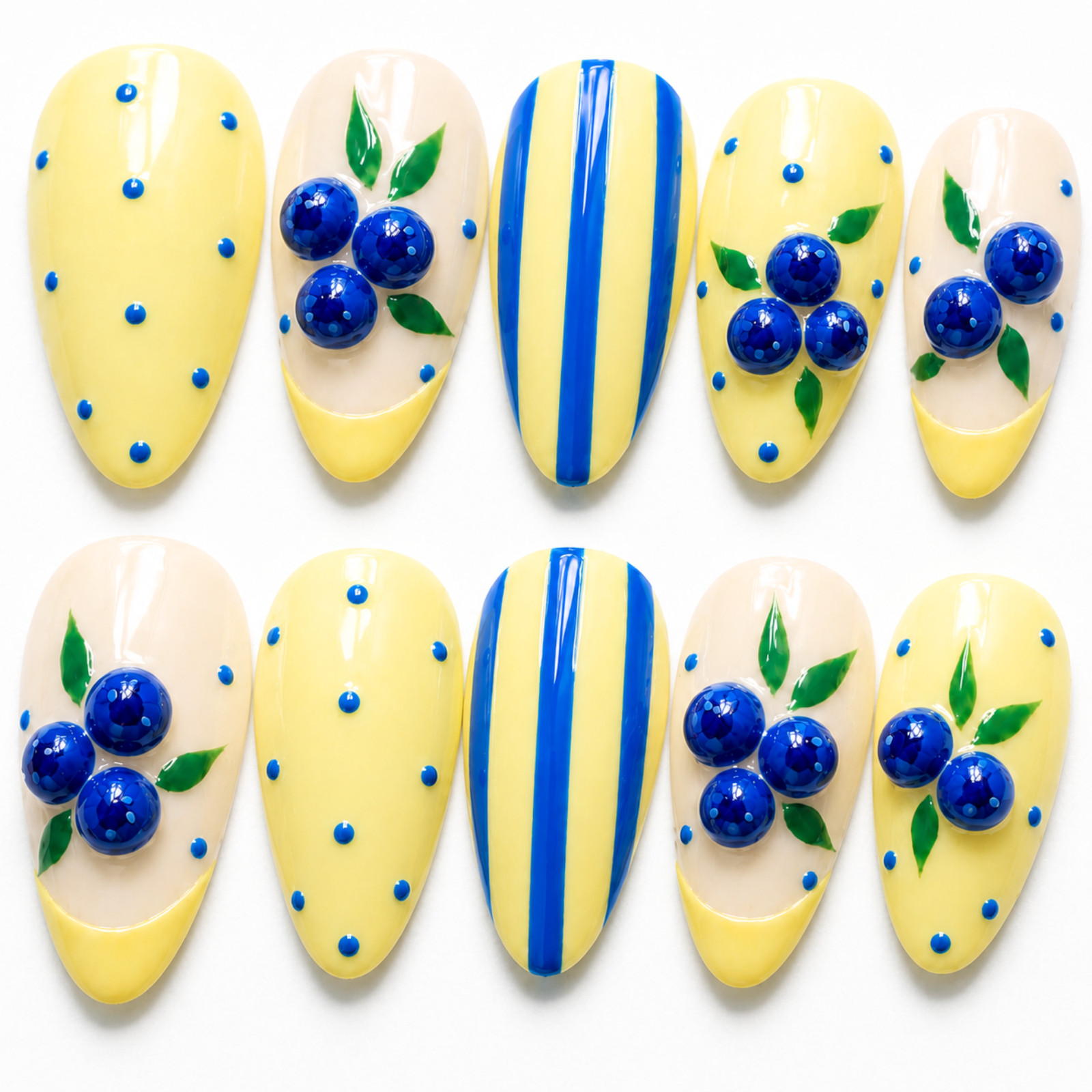 Handmade Blueberry Press On Nails Yellow Blue 3D Fruit Nail Art Set