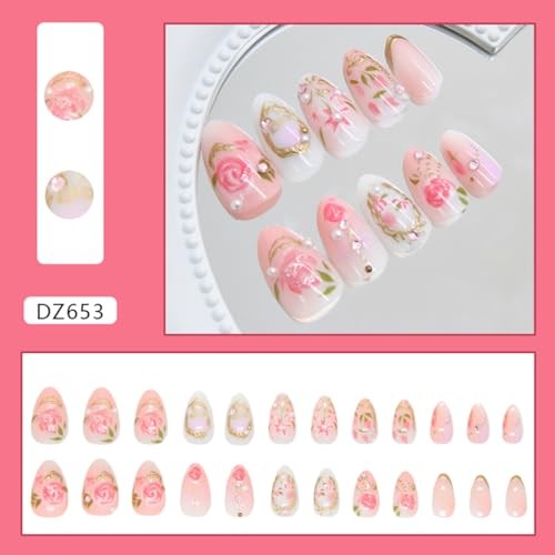 24Pcs Pink Press on Nails Short Almond Fake Nails with 3D pink floral charms