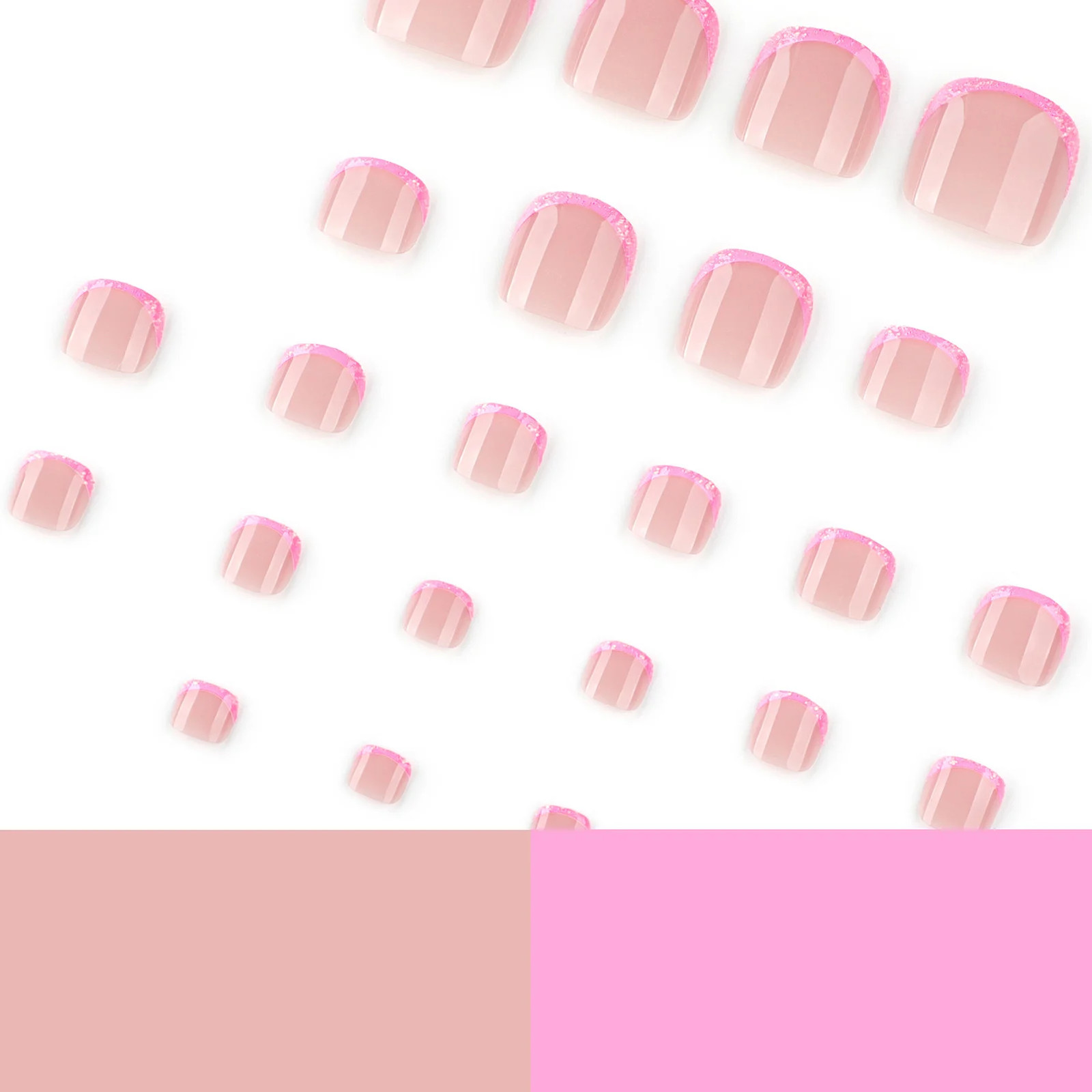 24Pcs Pink French Tip Press On Toenails Shiny Sequins Summer Fake Nails
